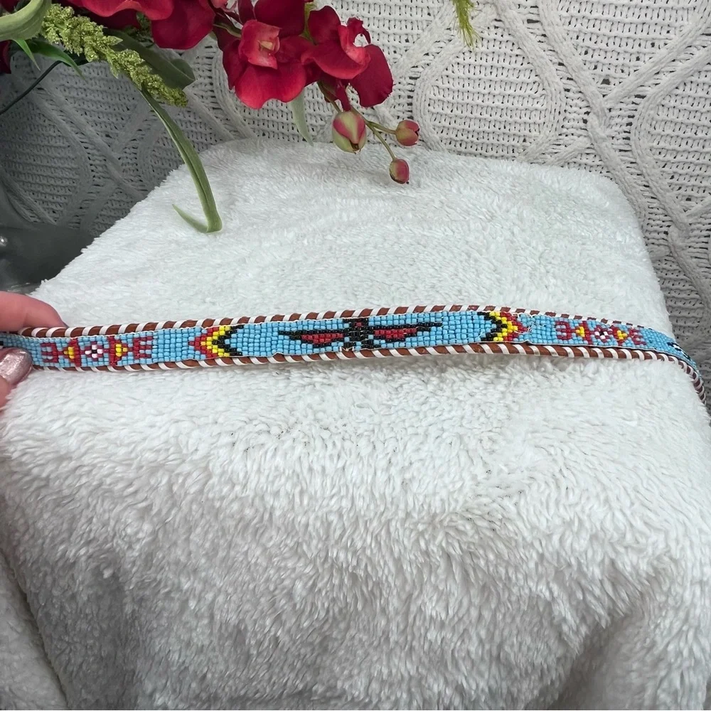 Brown Leather‎ Beaded Aztec Design Belt